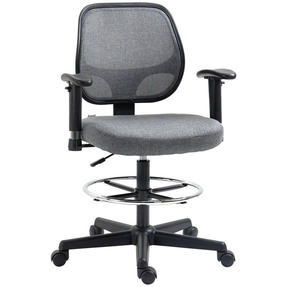 Drafting Chair Tall Office Fabric Standing Desk Chair with Adjustable Footrest Ring, Arm, Swivel Wheels, Grey