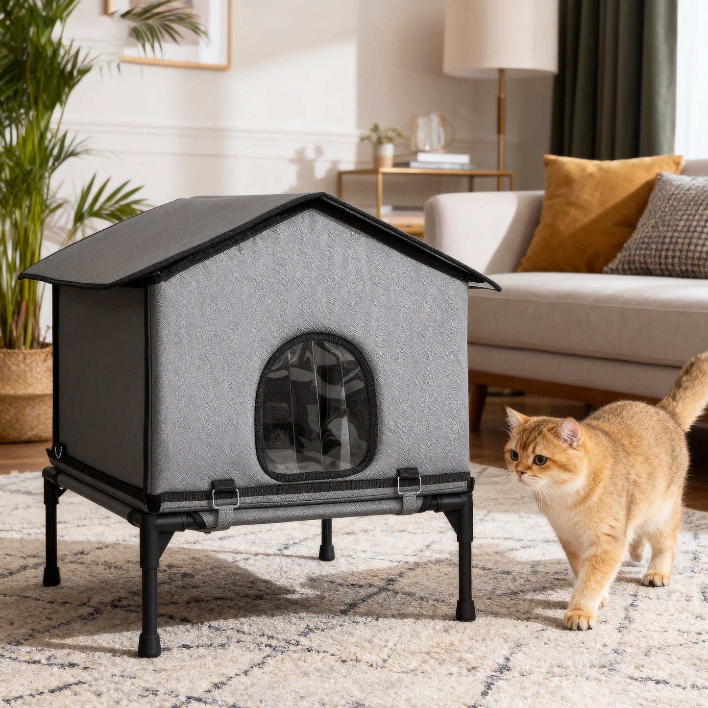 Outdoor Cat House, Feral Cat Shelter with Elevated Base, Grey