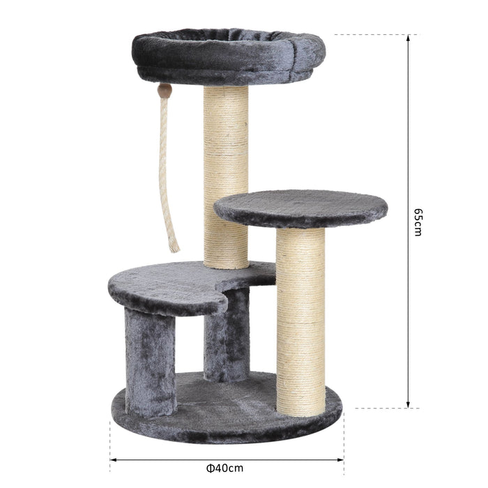 65 cm Cat Tree for Indoor Cats Kitty Scratcher Kitten Activity Center Scratching Post Playhouse 2 Perch w/ Hanging Sisal Rope Grey