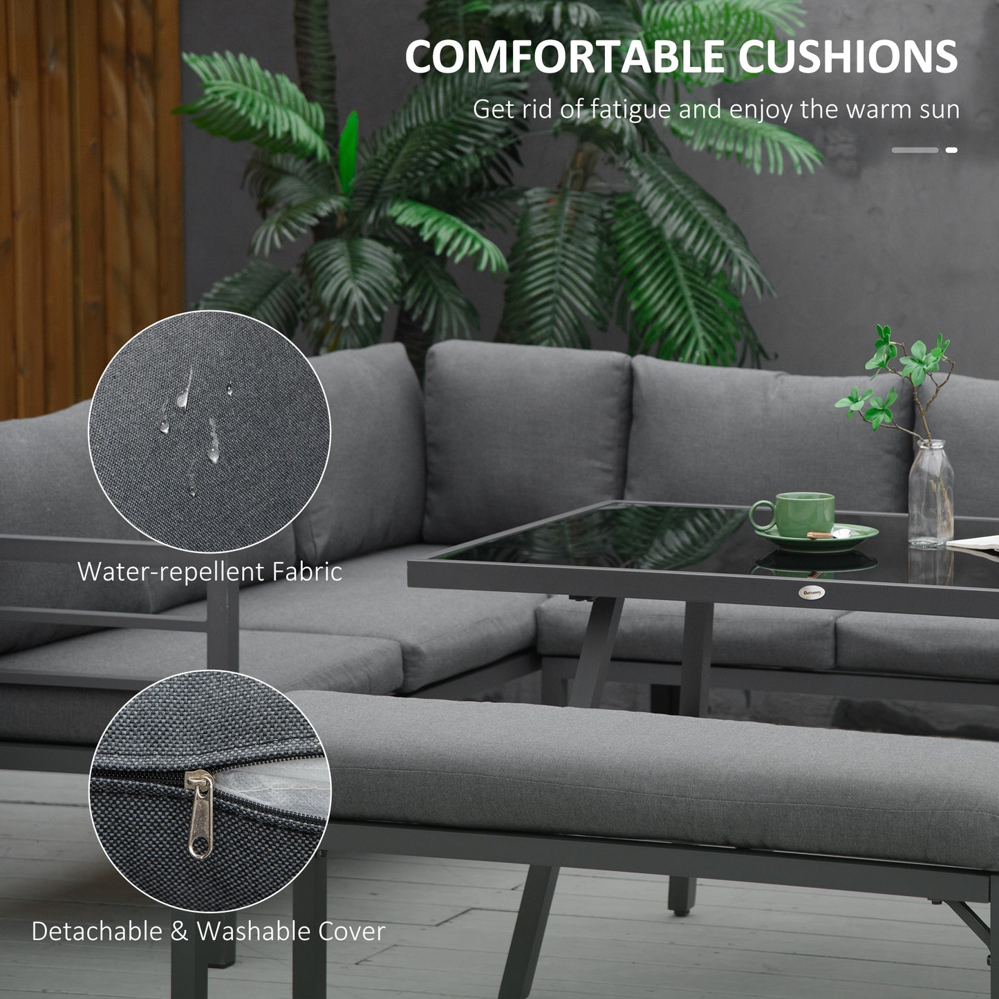 L-shaped Garden Furniture Set 8-Seater Aluminium Outdoor Dining Set Conversation Sofa Set w/ Bench, Dining Table & Cushions,¬†Grey