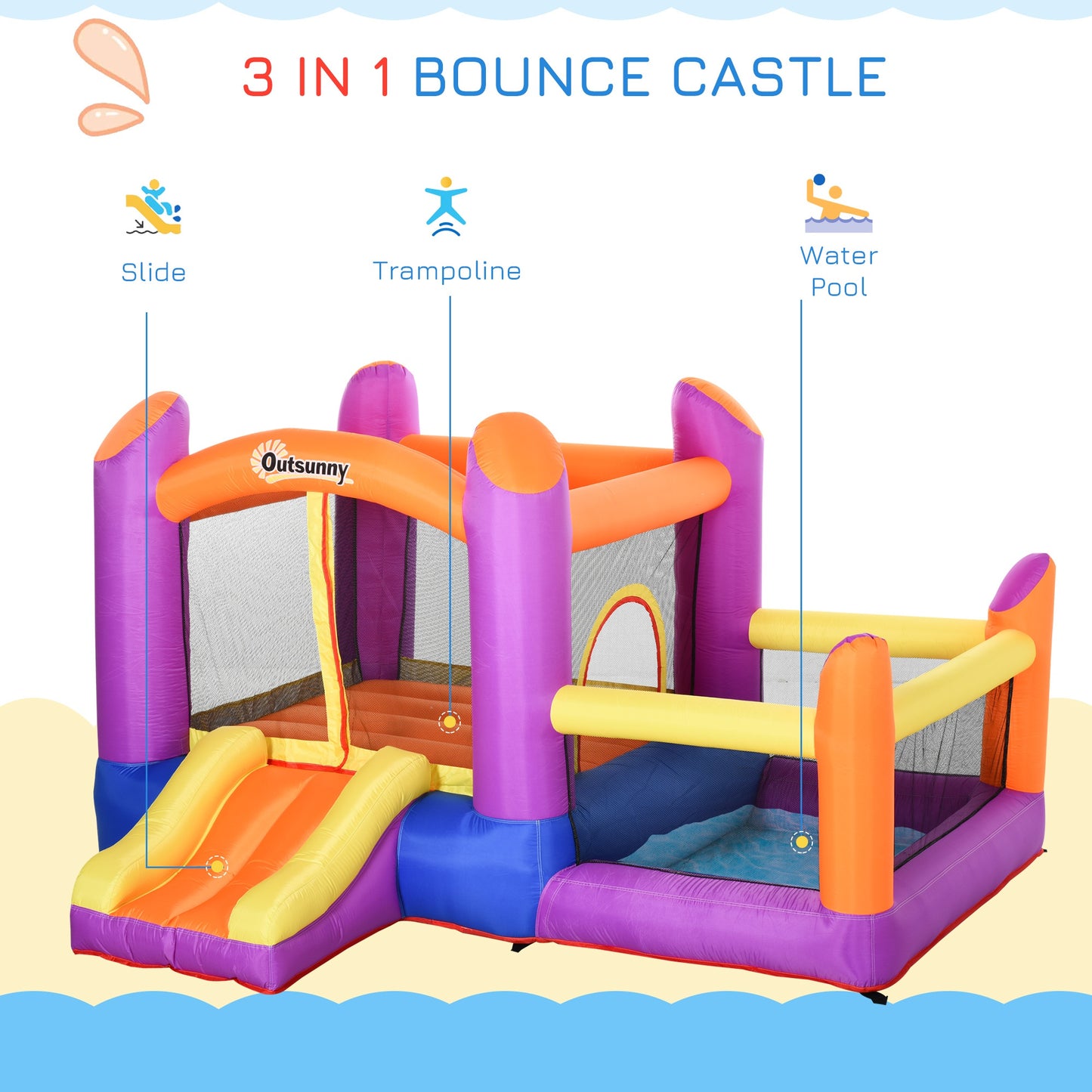 Kids Bounce Castle House Inflatable Trampoline Slide Water Pool 3 in 1 with Inflator for Kids Age 3-12 Multi-color 3 x 2.8 x 1.7m