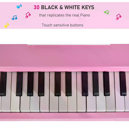 HOMCOM 30 Keys Kids Keyboard Piano Mini Electric Piano Set Grand Piano with Music Stand and Bench Pink