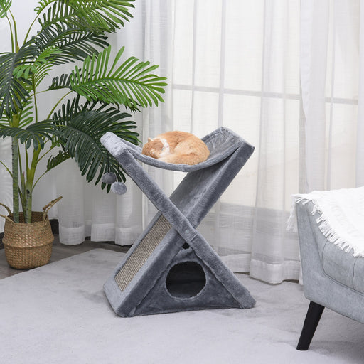 Two Tier Cat Tree for Indoor Cats Play Rest Activity Tower Plush Folding Relax Center w/ Scratching Post Hammock Pom Poms Grey