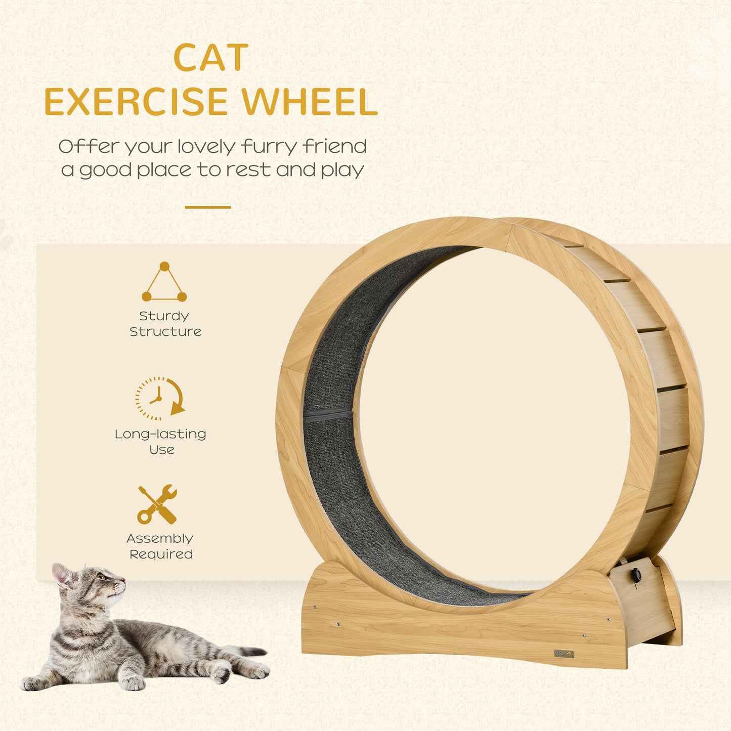 Cat Treadmill, Wooden Cat Exercise Wheel with Carpeted Runway, Cat Running Wheel with Brake, for Exercise - Natural Wood Finish