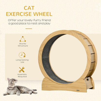 Cat Treadmill, Wooden Cat Exercise Wheel with Carpeted Runway, Cat Running Wheel with Brake, for Exercise - Natural Wood Finish