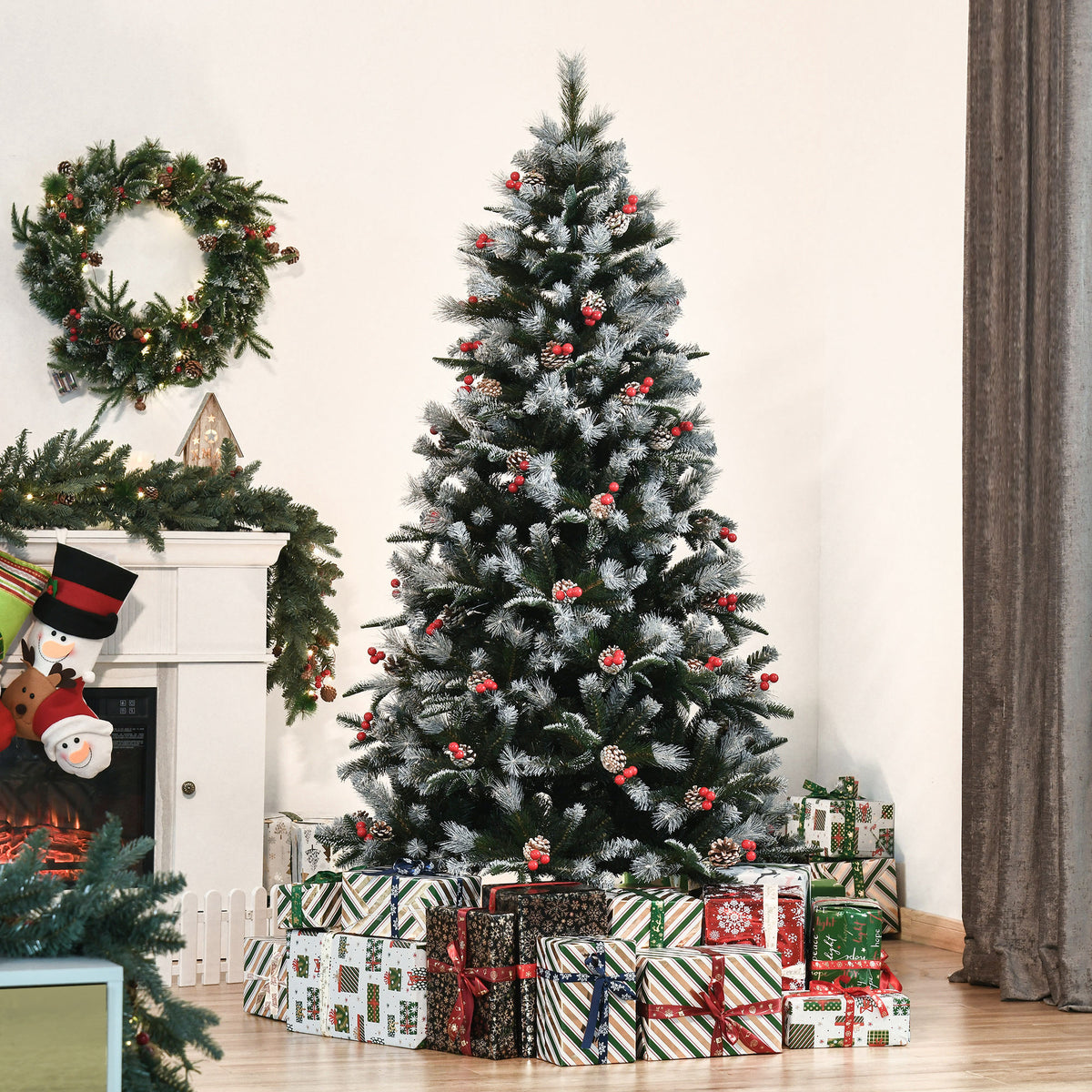 6ft Snow-Flecked Artificial Christmas Tree with Red Berries, Pinecones & 678 Tips