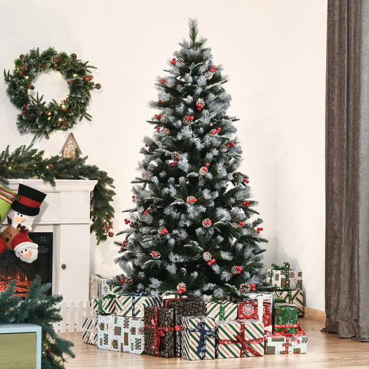 6ft Snow-Flecked Artificial Christmas Tree with Red Berries, Pinecones & 678 Tips