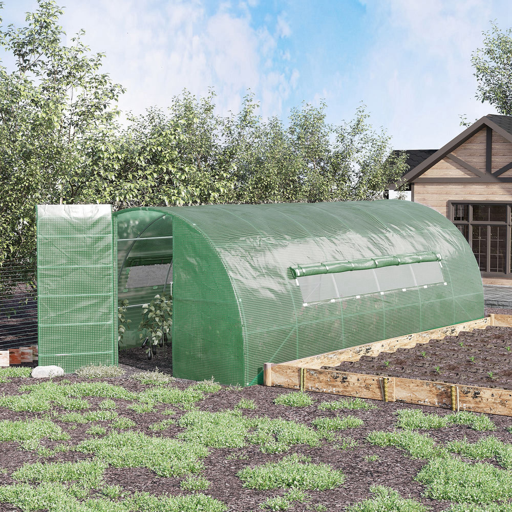 Reinforced Polytunnel Greenhouse with Metal Hinged Door, 25mm Diameter Galvanised Steel Frame & Mesh Windows (3 x 6M)