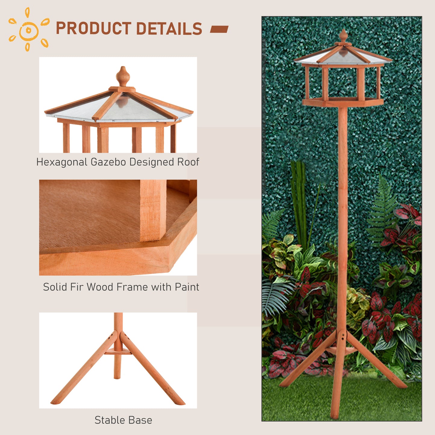Wooden Bird Table Free Standing Bird Feeder Parrot Stand for Garden Patio or Balcony 153cm High