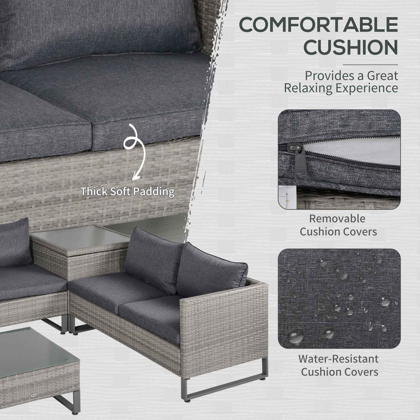 Outsunny 4 PCs PE Rattan Wicker Set Outdoor Conservatory Furniture Lawn Patio Coffee Table w/ Side Storage Box & Cushion, Grey