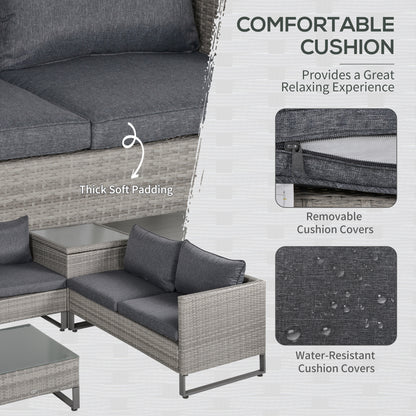 Outsunny 4 PCs PE Rattan Wicker Set Outdoor Conservatory Furniture Lawn Patio Coffee Table w/ Side Storage Box & Cushion, Grey