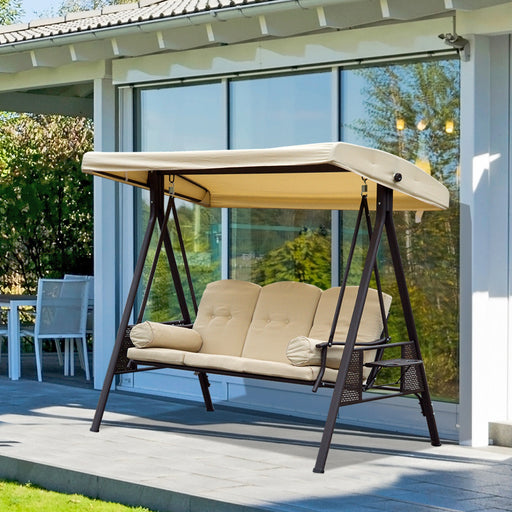 Steel Swing Chair Hammock Garden 3 Seater Canopy Cushion Shelter Outdoor Bench Beige