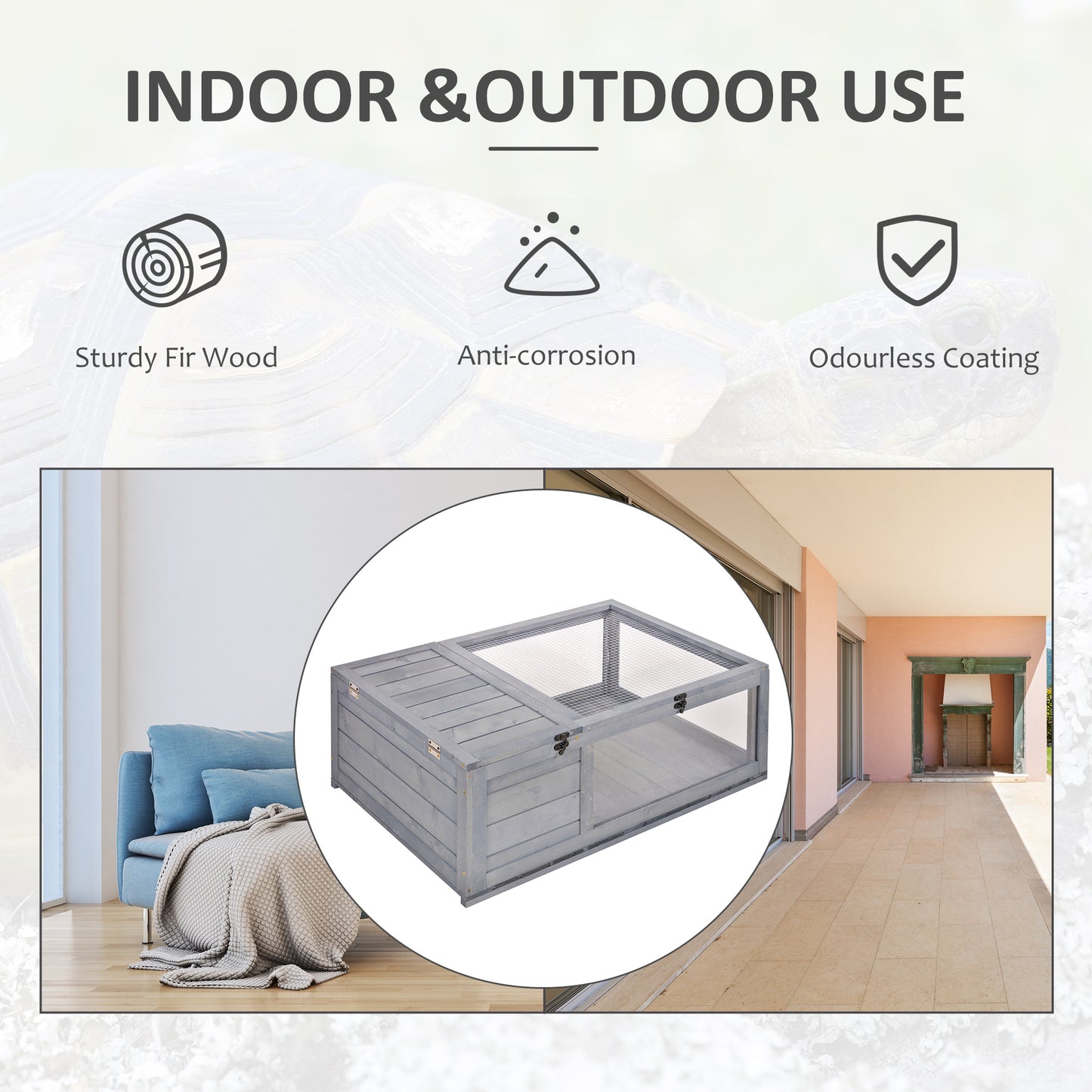 Tortoise House with Mesh Roof, Small Reptile Wooden House, Tortoise Enclosure with Removable Side Panel, for Indoor - Grey