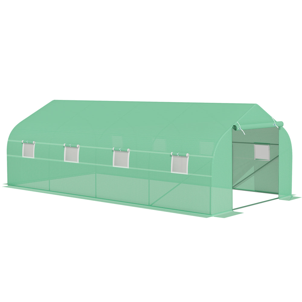 6 x 3 m Large Walk-In Greenhouse Garden Polytunnel Greenhouse w/ Metal Frame, Zippered Door and Roll Up Windows, Green