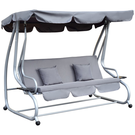 2-in-1 Garden Swing Seat Bed 3 Seater Swing Chair Hammock Bench Bed with Tilting Canopy and 2 Cushions, Grey