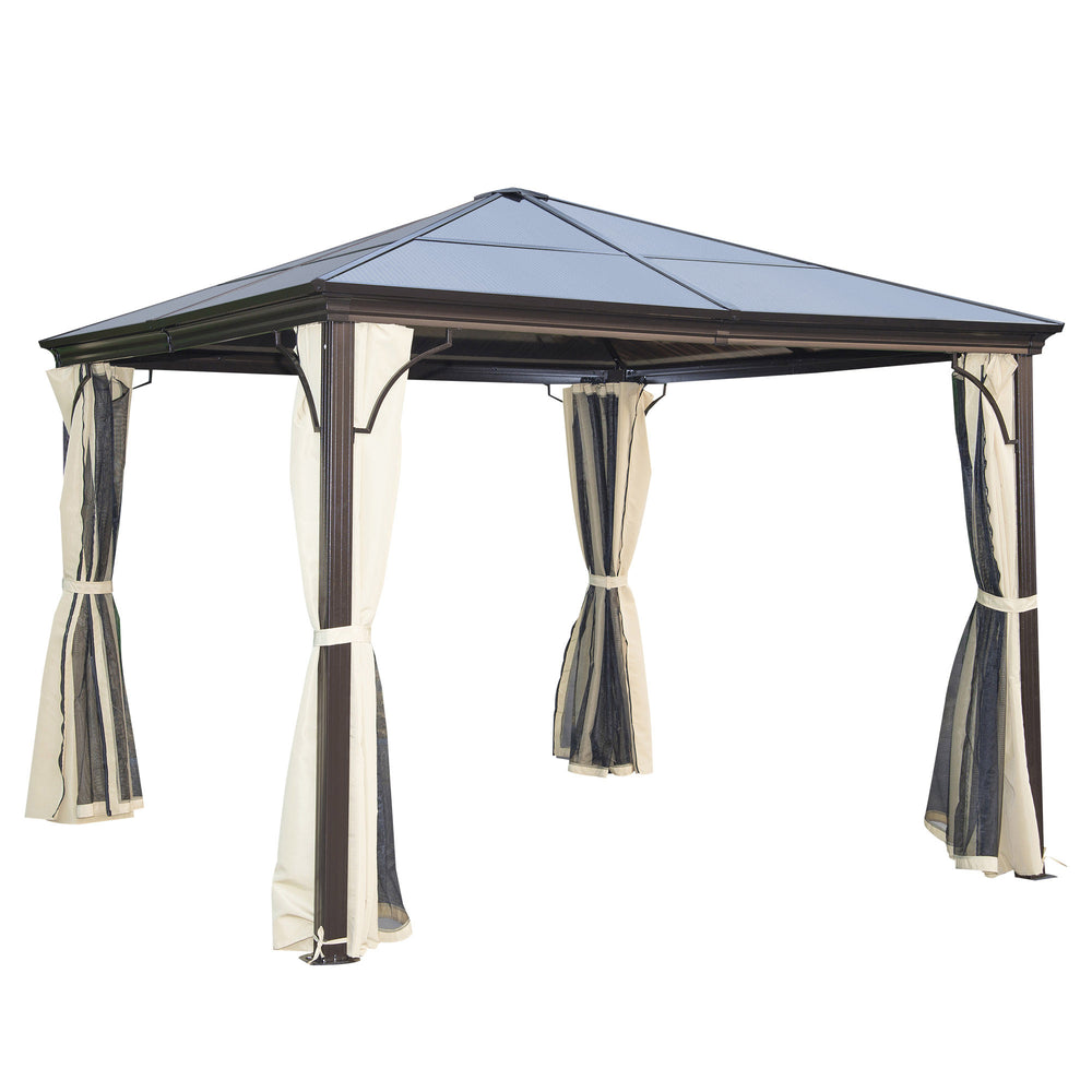 3 x 3(m) Hardtop Gazebo Canopy with Polycarbonate Roof and Aluminium Frame, Garden Pavilion with Mosquito Netting and Curtains, Brown