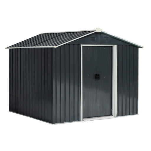 8 x 6ft Metal Garden Shed, Galvanised Outdoor Tool Storage House with Ventilation Slots and Sliding Doors, Grey