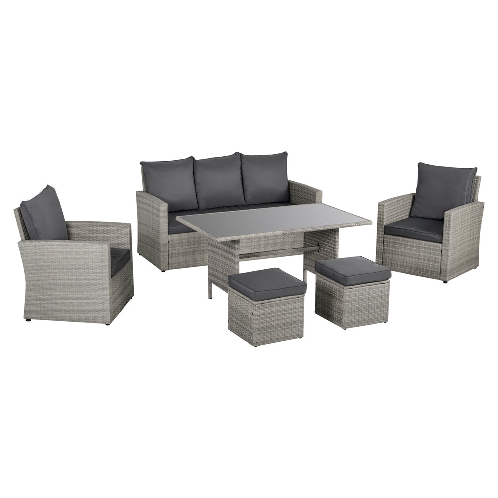 6 PCS Outdoor Patio PE Rattan Wicker Tempered Glass Dining Table Sets for Garden Backyard w/ Cushions & Mixed Grey