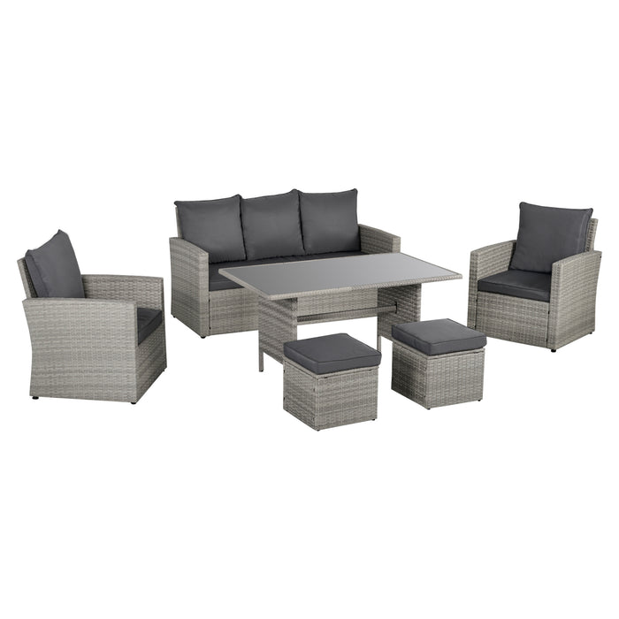 6 PCS Outdoor Patio PE Rattan Wicker Tempered Glass Dining Table Sets for Garden Backyard w/ Cushions & Mixed Grey