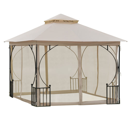 3 x 3(m) Garden Gazebo Patio Party Tent Shelter Outdoor Canopy Double Tier Sun Shade Metal Frame Netting Beige