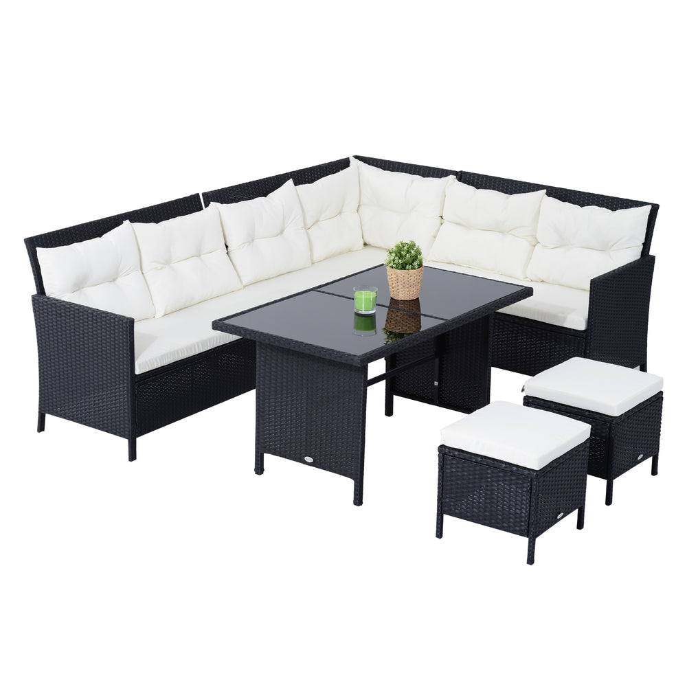 8-Seater Garden Rattan Furniture Rattan Corner Dining Set Outdoor Wicker Conservatory Furniture Lawn Patio Coffee Table Foot Stool, Black