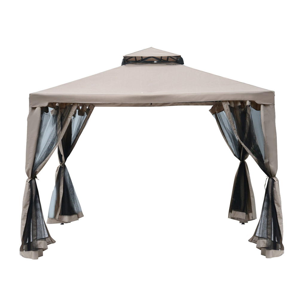 Outdoor Garden Gazebo Tent, 2-tier Roof W/Netting, 295L x 295W x 263Hcm-Taupe