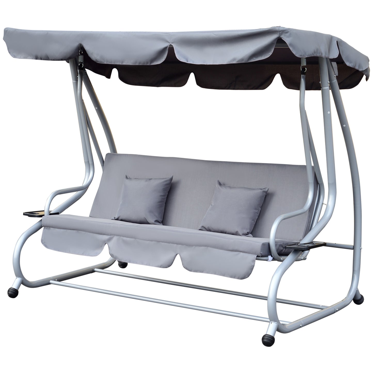2-in-1 Garden Swing Seat Bed 3 Seater Swing Chair Hammock Bench Bed with Tilting Canopy and 2 Cushions, Grey