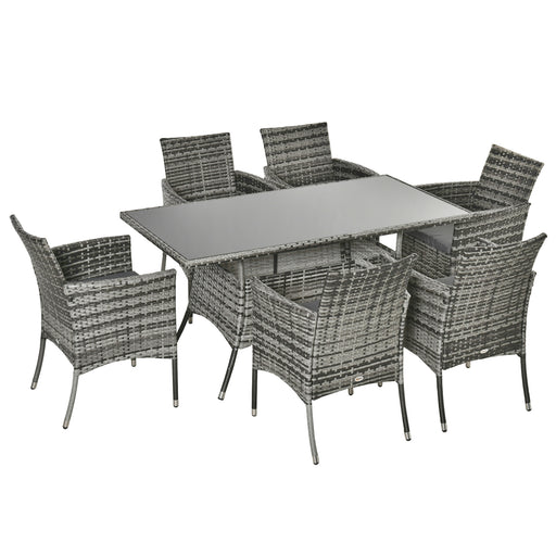 6-Seater Rattan Dining Set Garden Furniture Patio Rectangular Table Cube Chairs Outdoor Fire Retardant Sponge Grey