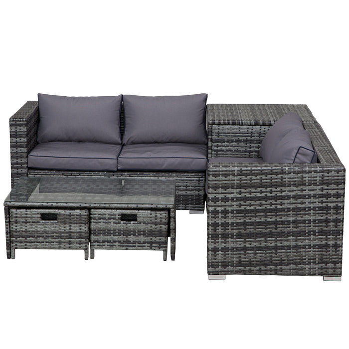 4-Seater Rattan Wicker Garden Furniture Patio Sofa Storage & Table Set w/ 2 Drawers Coffee Table,Great Cushioned 4 Seats Corner Sofa - Grey