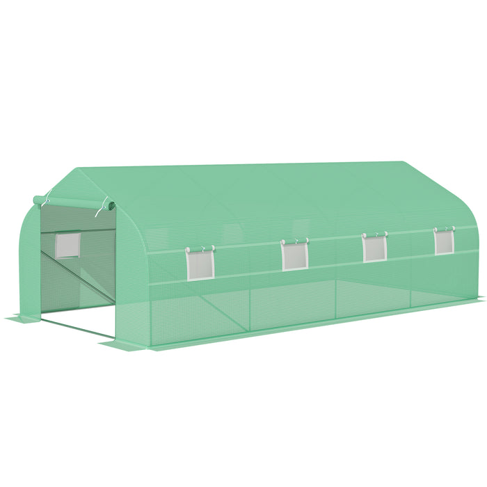 6 x 3 m Large Walk-In Greenhouse Garden Polytunnel Greenhouse w/ Metal Frame, Zippered Door and Roll Up Windows, Green