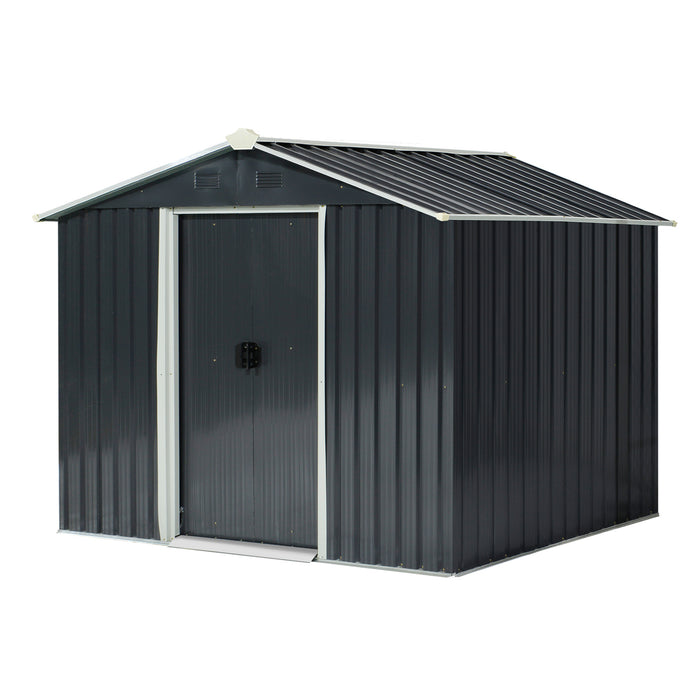 8 x 6ft Metal Garden Shed, Galvanised Outdoor Tool Storage House with Ventilation Slots and Sliding Doors, Grey