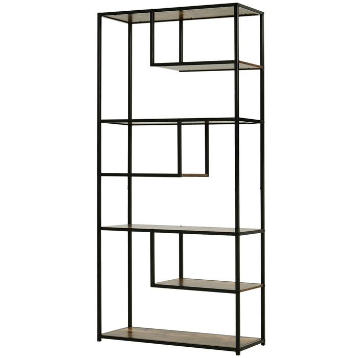 Wood Shelf Bookcase Industrial Style Stand 6-Staggered Shelf Living Room Display Rack Organiser