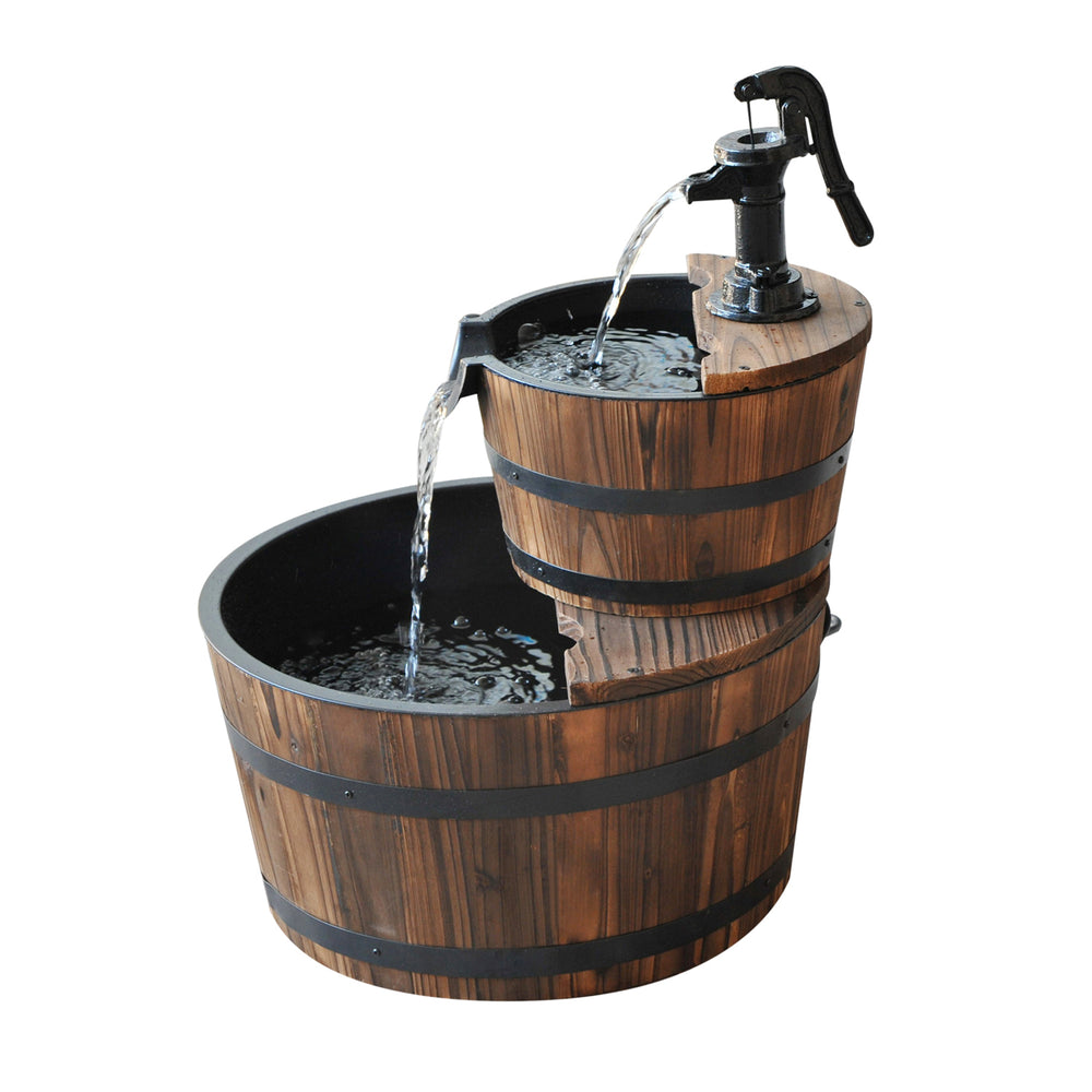 Wooden Water Pump Fountain Cascading Feature Barrel Garden Deck (2 Tier)