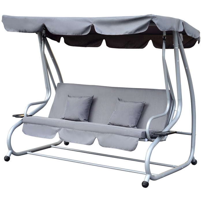 2-in-1 Garden Swing Seat Bed 3 Seater Swing Chair Hammock Bench Bed with Tilting Canopy and 2 Cushions, Grey