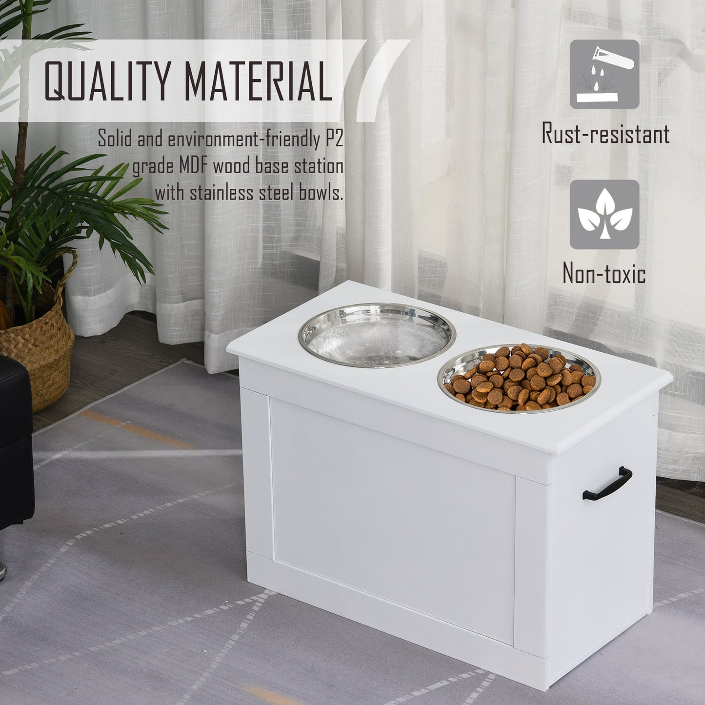 Raised Dog Bowls Pet Feeding Storage Station with 2 Stainless Steel Bowls Base for Large Dogs and Other Large Pets, White