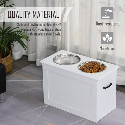 Raised Dog Bowls Pet Feeding Storage Station with 2 Stainless Steel Bowls Base for Large Dogs and Other Large Pets, White