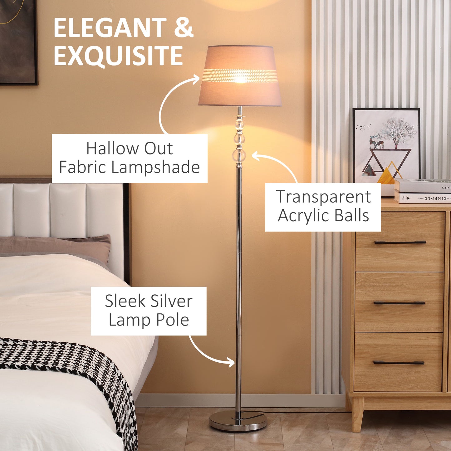 HOMCOM Floor Lamp with Hollow Out Fabric Shade, Chrome Base for Bedroom, Living Room, Study, 162cm, Grey