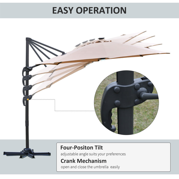 3(m) Cantilever Roma Parasol Garden Sun Umbrella with LED Solar Light Cross Base 360° Rotating, Brown