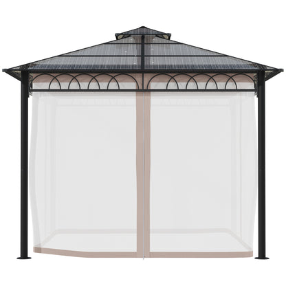 3 x 3m Outdoor Polycarbonate Gazebo with Double Roof, Galvanised Steel Frame and Curtains