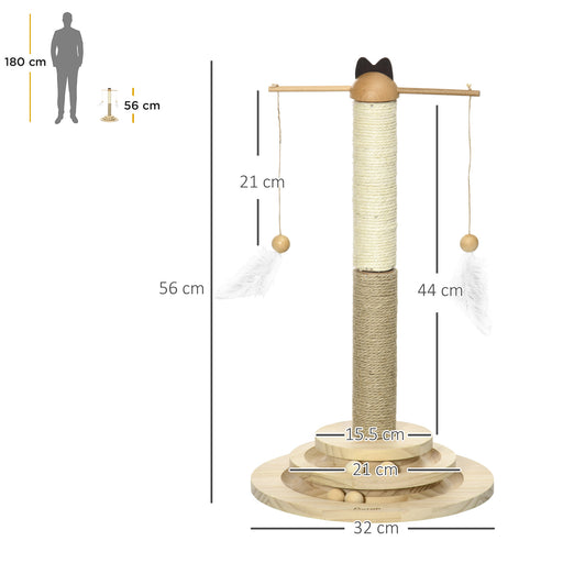 56cm Cat Tree, Kitty Activity Centre w/ Turntable Interactive Toy Ball, Cat Tower w/ Jute and Sisal Scratching Post - Natural Finish