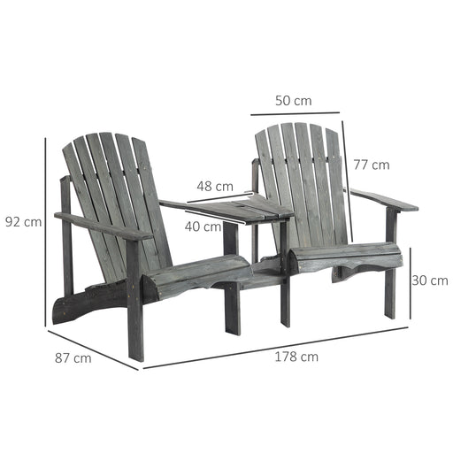 Wooden Outdoor Double Adirondack Chairs Loveseat w/ Center Table and Umbrella Hole, Garden Patio Furniture for Lounging and Relaxing, Grey