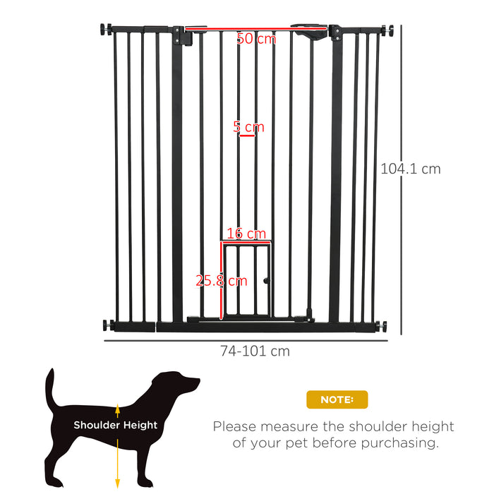 Extra Tall Dog Gate with Cat Flap, Pet Safety Gate for Doorways Stairs with Auto Close Double Locking, 104 cm Tall 74-101 cm Wide, Black