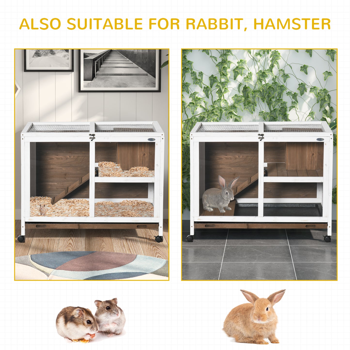 Wooden Rabbit Hutch Guinea Pigs House Bunny Small Animal Cage w/ Pull-out Tray Openable Roof Wheels 91.5 x 53.3 x 73 cm, Brown