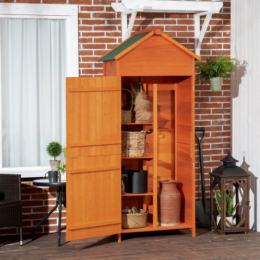 Outsunny Wooden Garden Storage Shed, Utility Outdoor Storage Cabinet with 3 Shelves, Tilted-felt Roof, and Two Lockable Doors, 84 x 52 x 188cm - Orange