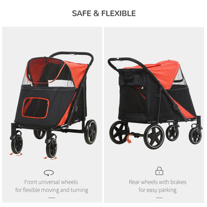 Pet Stroller w/ Universal Front Wheels, Shock Absorber, One-Click Foldable Dog Cat Carriage w/ Brakes, Storage Bags, Mesh Window, Safety Leash, for Large and Medium Dogs - Red