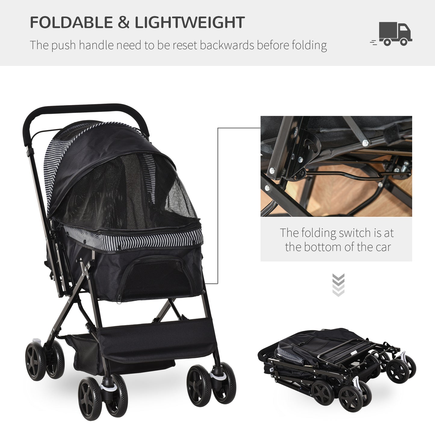 Pet Stroller Dog Cat Travel Pushchair Foldable Jogger with Reversible Handle EVA Wheel Brake Basket Adjustable Canopy Safety Leash for Small Dogs, Black