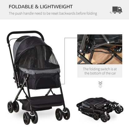 Pet Stroller Dog Cat Travel Pushchair Foldable Jogger with Reversible Handle EVA Wheel Brake Basket Adjustable Canopy Safety Leash for Small Dogs, Black