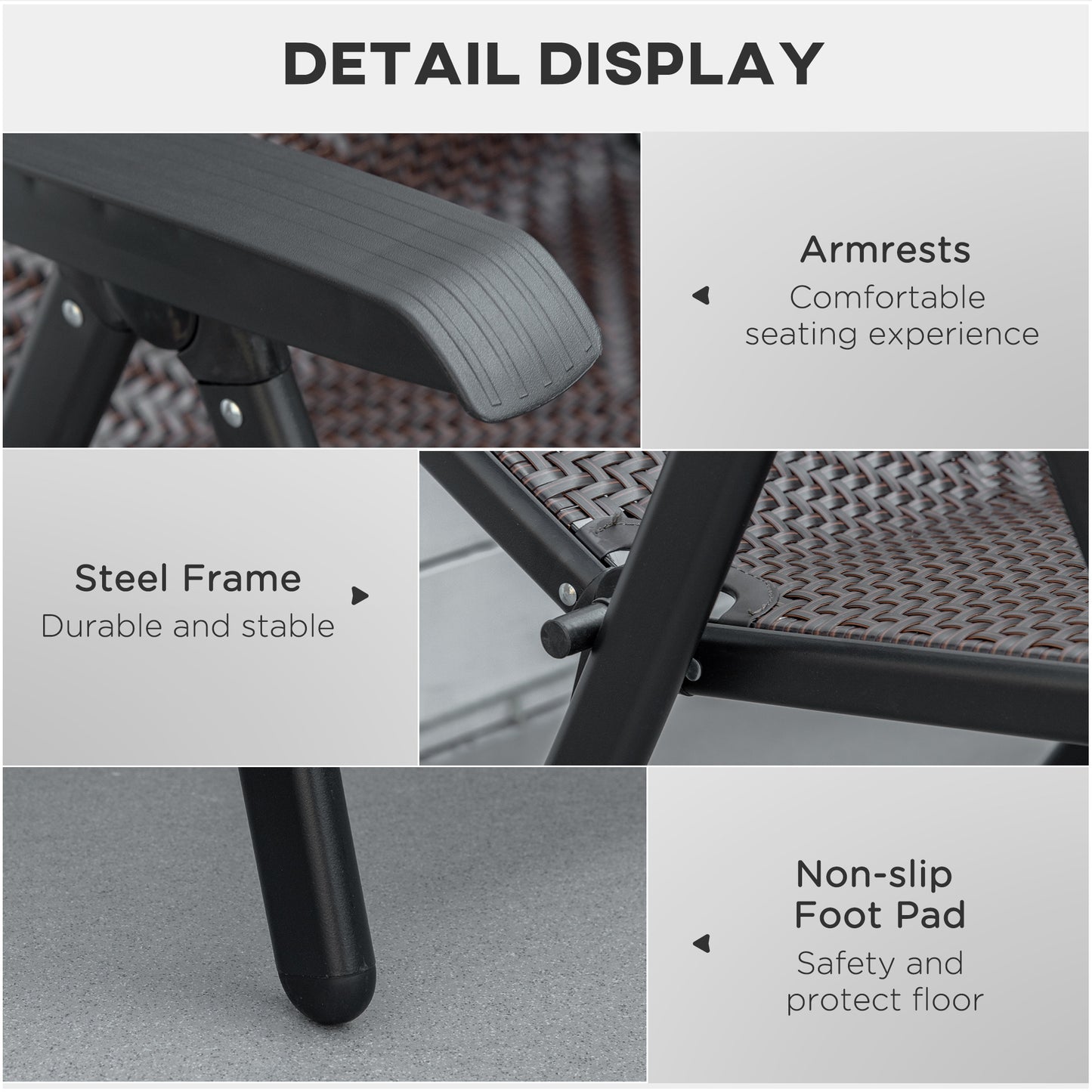 Outsunny Set of 2 Outdoor Wicker Folding Chairs, Patio PE Rattan Dining Armrests Chair set with 7 Levels Adjustable Backrest, for Outdoors, Camping, Red Brown