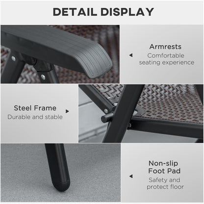 Outsunny Set of 2 Outdoor Wicker Folding Chairs, Patio PE Rattan Dining Armrests Chair set with 7 Levels Adjustable Backrest, for Outdoors, Camping, Red Brown