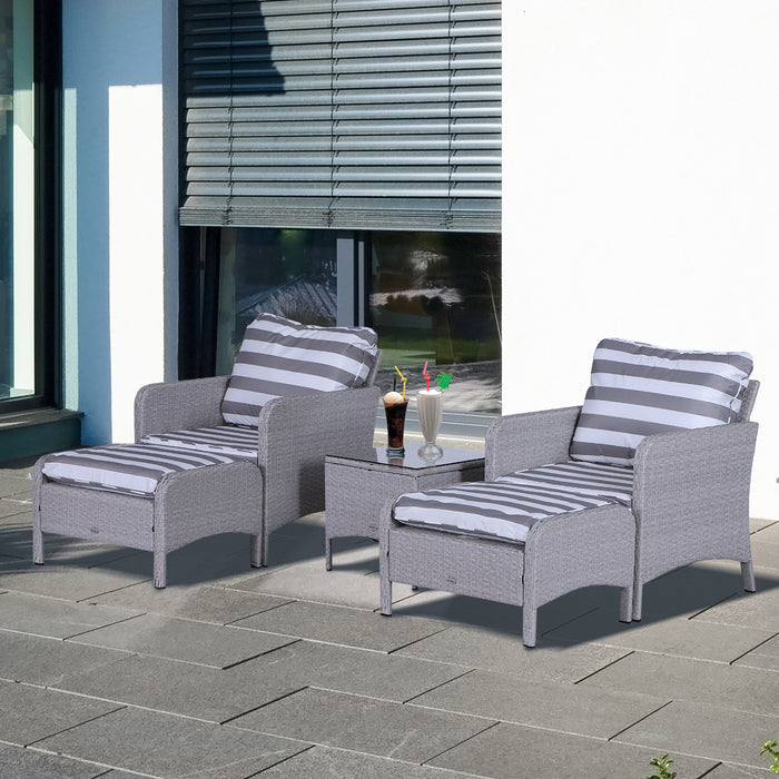 2 Seater PE Rattan Garden Furniture Set, 2 Armchairs 2 Stools Glass Top Table Cushions Wicker Weave Chairs Outdoor Seating - Grey